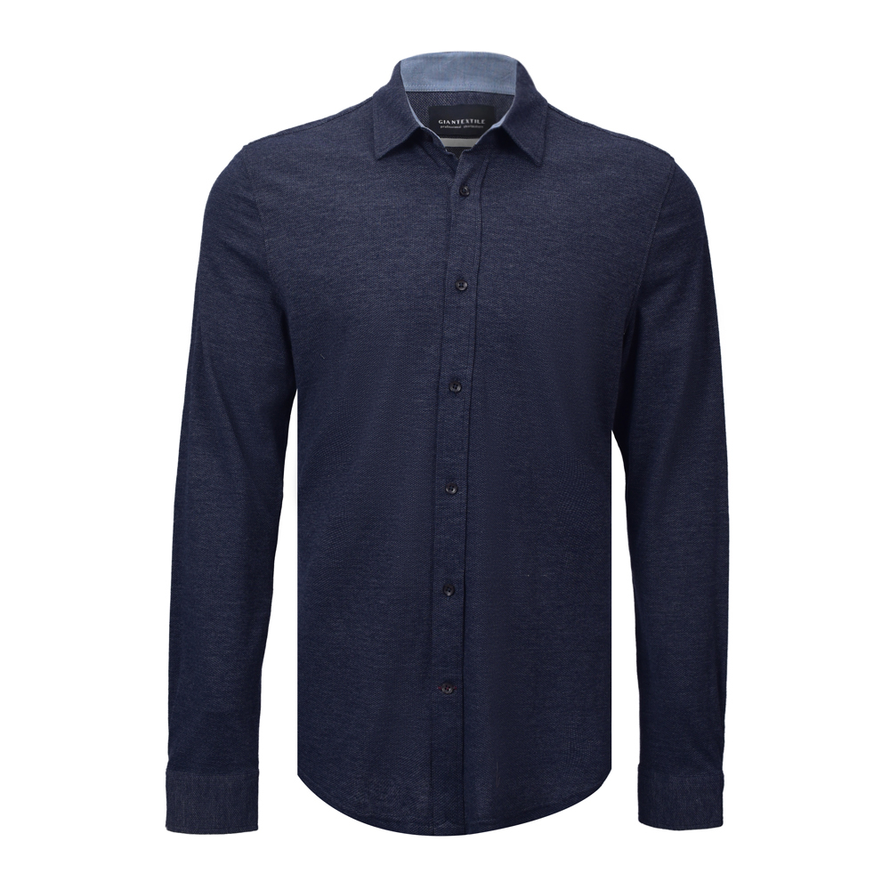 New Arrival Woven-Like  knitted Shirt Comfortable Natural Stretch Navy Marle Long Sleeve Shirt For Men CM061-KWITTED LS NA