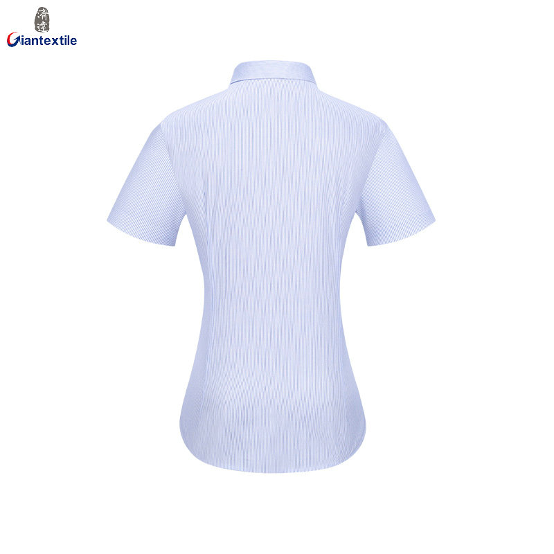 RTS 100% Cotton Women's Light Blue striped Business Formal Shirt Short Sleeve Non Iron V-neck Dress Shirt For women