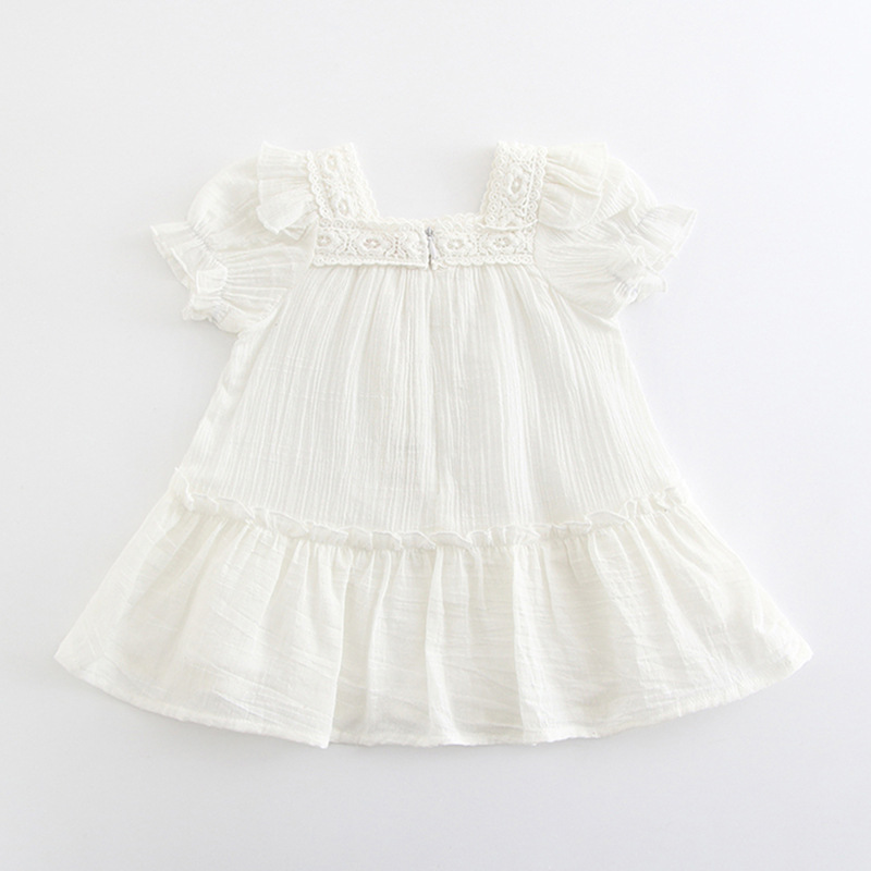 Summer New Fashion Dress Baby Child Solid Cotton Ins Lace Collar Flounced Puff Sleeve Princess Girls  Dress