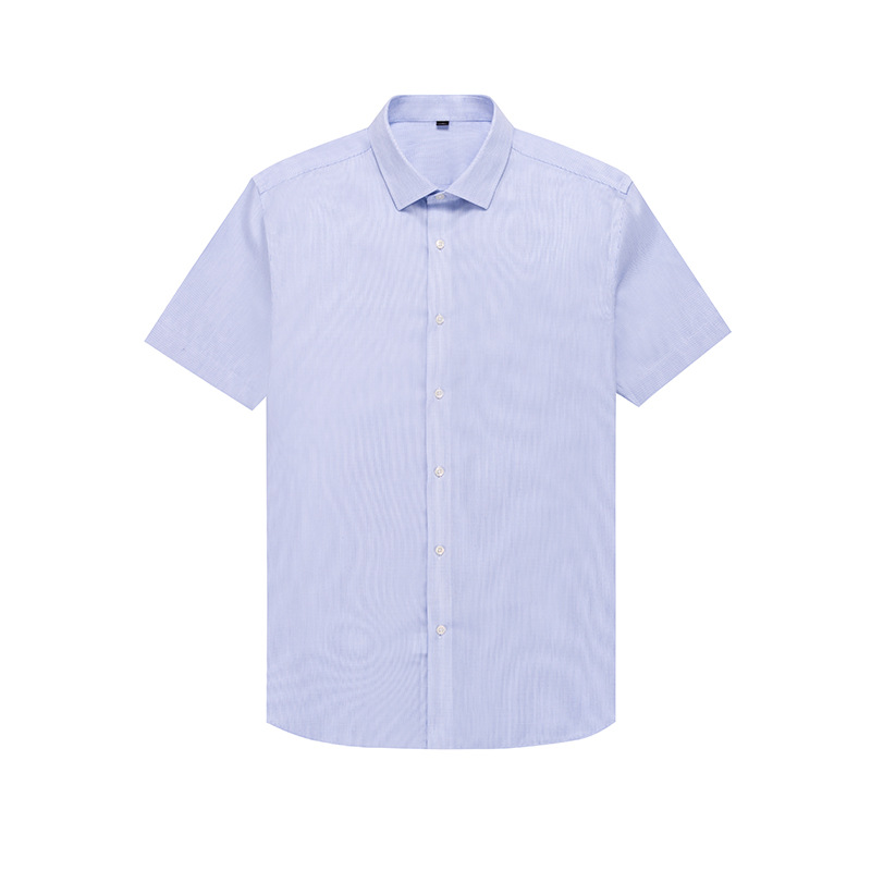 Ready to Ship 100% Cotton Men's Blue Fine Striped Shirts Short Sleeve DP Non Iron Breathable Custom Dress Shirts For Men