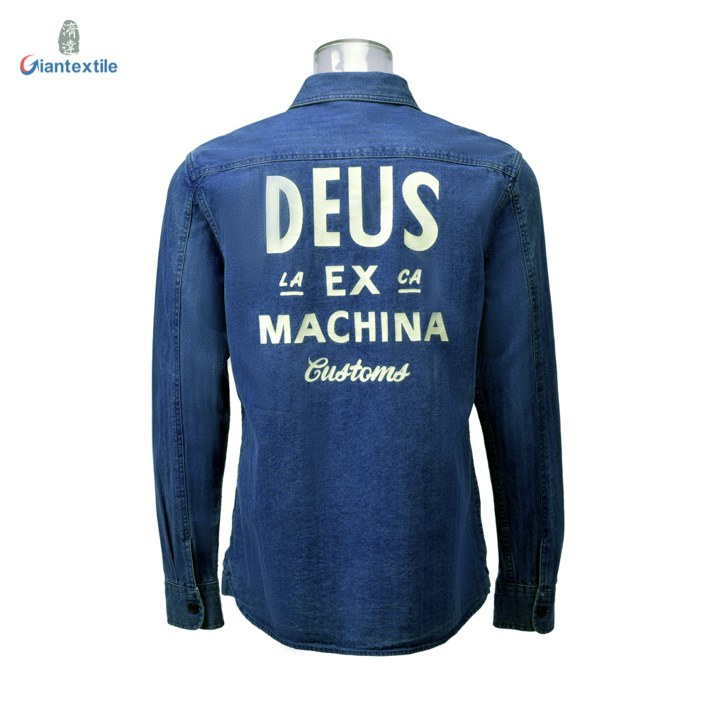 Men’s Denim Shirt 100% Cotton Long Sleeve Solid Herringbone Denim Shirt With Big Logo For Men GTCW106256G1