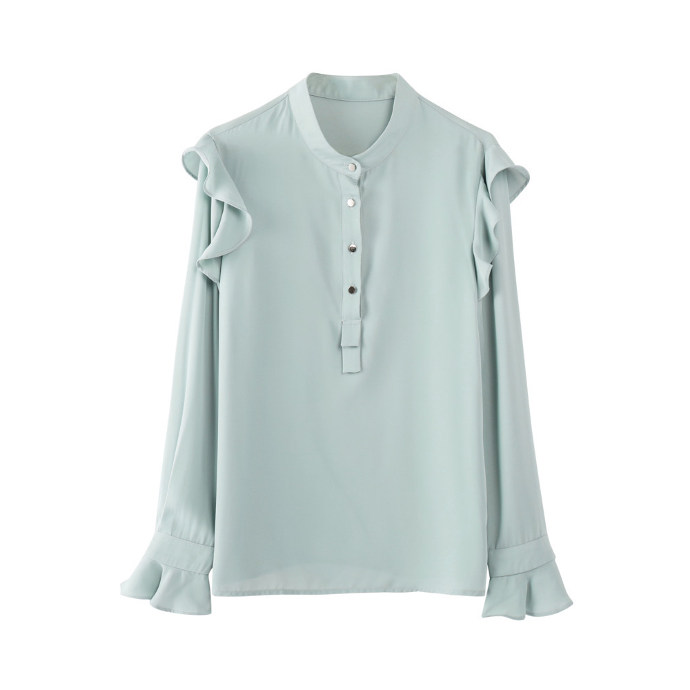 New Design Hot Sale mandarin Collar  Ruffles  long-sleeved Chiffon Solid  Woman Office Lady Shirt