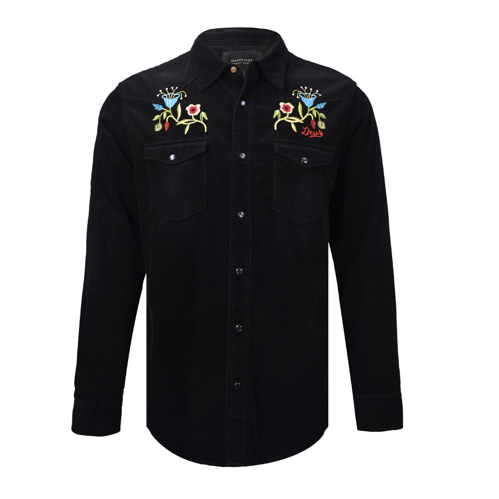 Men’s Shirt 100% Cotton Corduroy Embroidery Solid Regular Fit Nice Quality Long Sleeve For Men’s GTCW107581G1 Featured Image