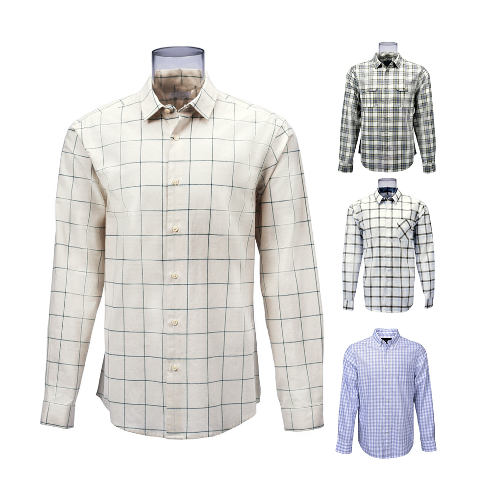 Men’s Cotton Casual Shirt  Beige Window Check Long Sleeve Shirt For Men GTCW106585G1