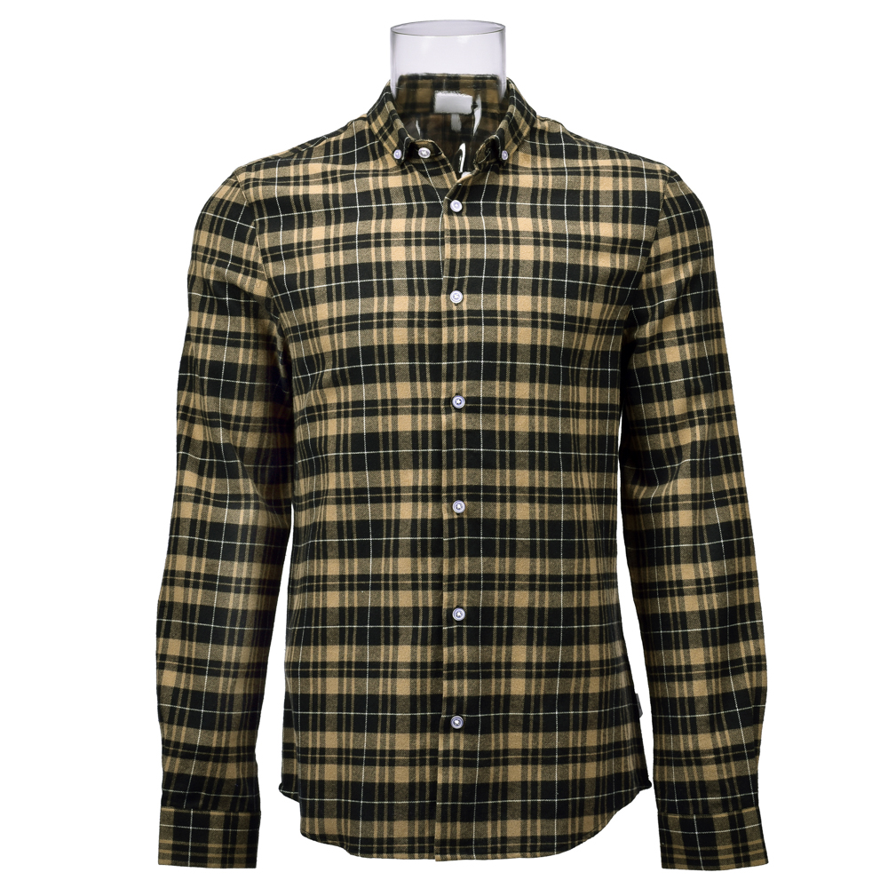 Men’s Shirt 100% Cotton Long Sleeve Yellow Check Flannel Shirt For Men GTCW107421G1