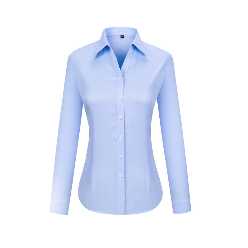 RTS 100% Cotton Women's Solid Blue Twill Business Tuxedo Shirt Anti-wrinkle Non Iron V-neck Dress Shirt For Women