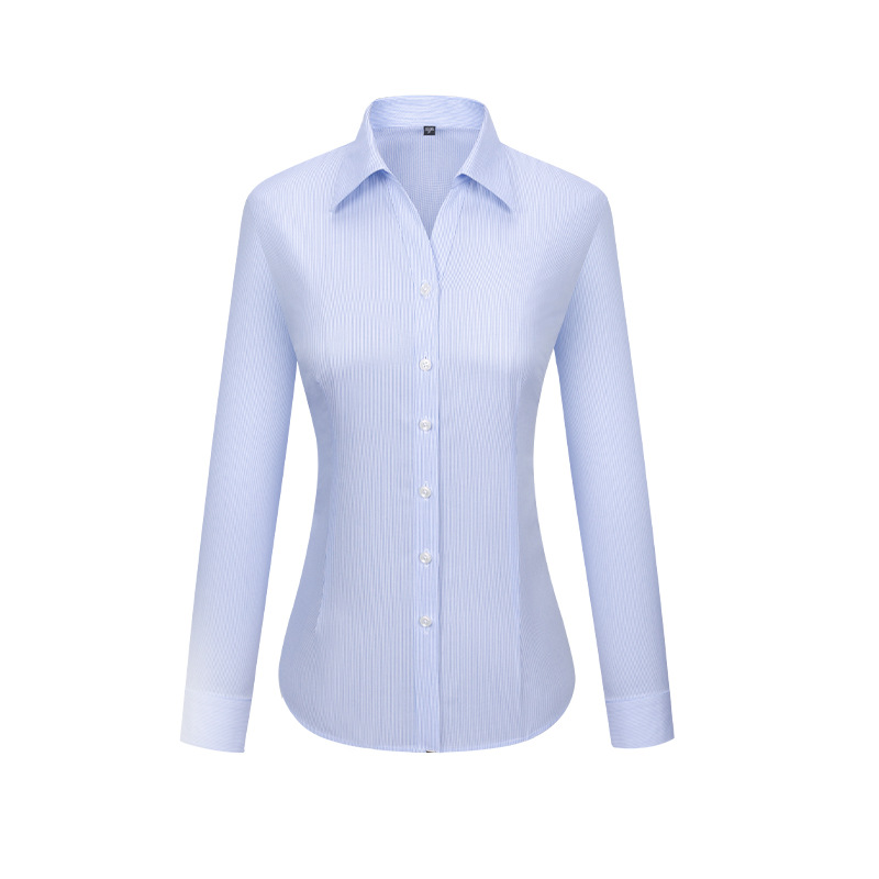 RTS 100% Cotton Women's Light Blue striped Business Tuxedo Shirt Anti-wrinkle DP Non Iron Dress Shirt For women