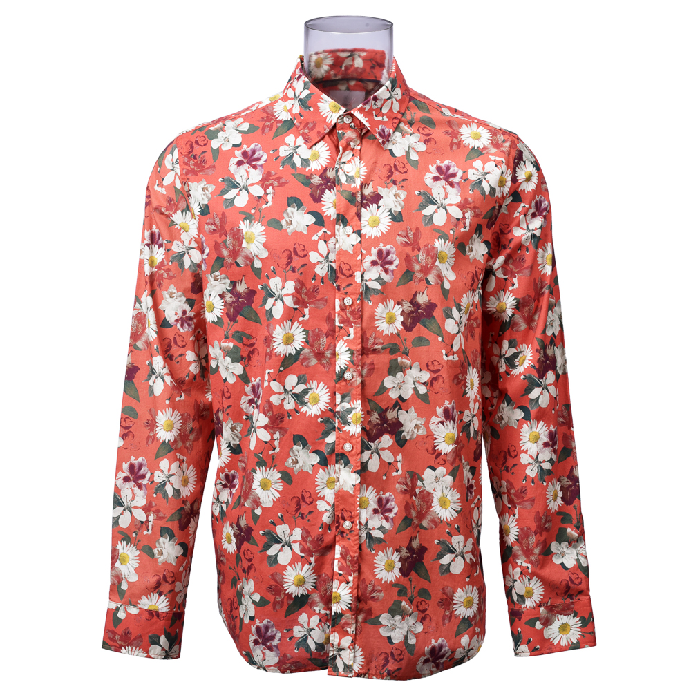 Wholesale Men’s Sustainable Print Shirt 100% BCI Cotton Long Sleeve Orange Floral Digital Print Shirt For Men GTCW106071G1