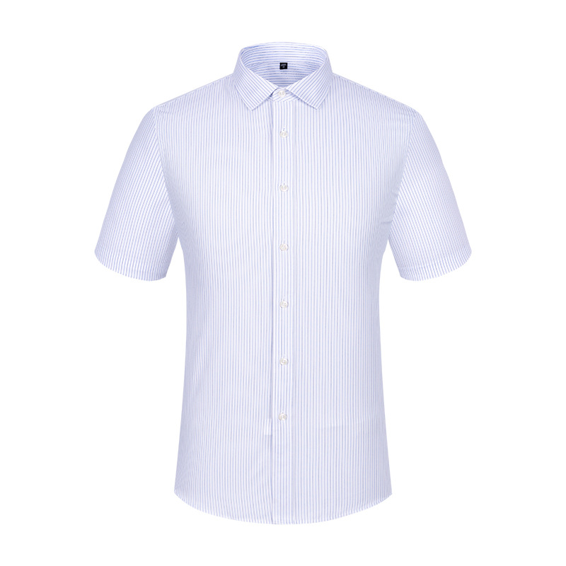 Ready to Ship 100% Cotton Men's White And Blue Striped Shirts Short  Sleeve DP Non Iron Custom Dress Shirts For Men