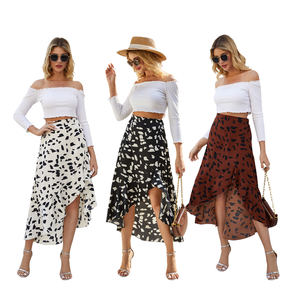 Hot Sale New Design Fashion Leopard Printed Chiffon Leisure Asymmetrical Ruffles Skirt