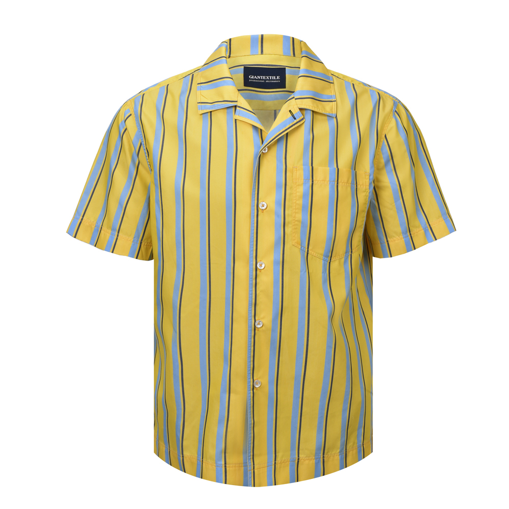 New Arrival Yellow Blue Vertical Stripe Mens Shirt Poly Cotton Short Sleeve Hawaii Shirt For Men SUNNY 01