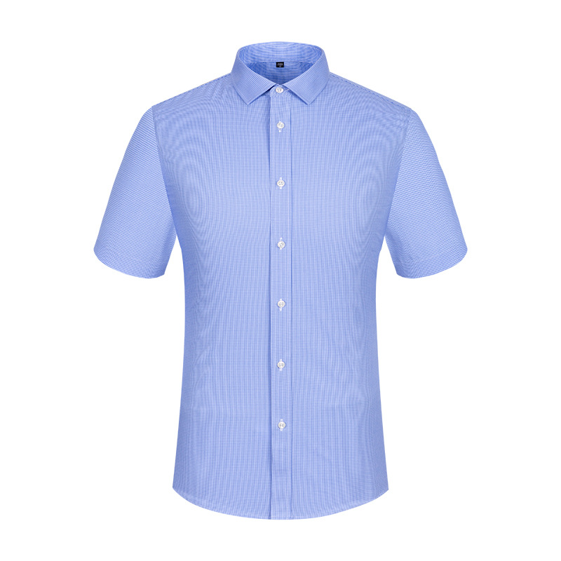 RTS 100% Cotton Men's Blue Mini Check Business Tuxedo Shirt Short Sleeve DP Non Iron Custom Dress Shirt For Men