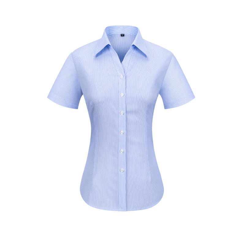 Ready to Ship 100% Cotton Women's Blue White Striped Poplin Shirts Short Sleeve DP Non Iron Custom v-neck Dress Shirts For Women