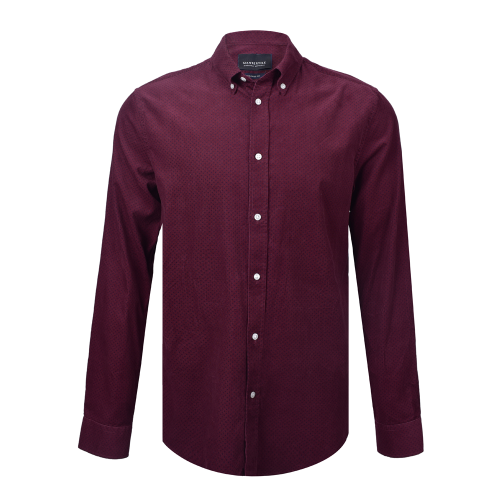 Autumn Winter Printed Burgundy Corduroy Men’s Shirt 100% Cotton Mini motif Printed Long Sleeve Shirt For Men GTCW107599G1