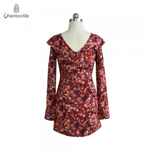 Good Selling Long-Sleeve Red Floral Print Bright-coloured 100% Viscose Women Print Dress With V-neck JC533