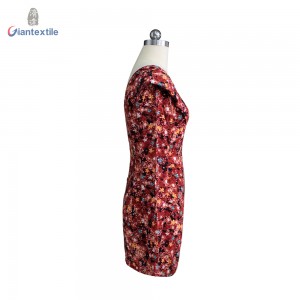 Good Selling Long-Sleeve Red Floral Print Bright-coloured 100% Viscose Women Print Dress With V-neck JC533