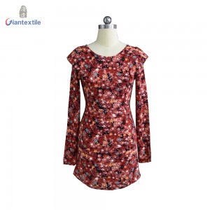 Good Selling Long-Sleeve Red Floral Print Bright-coloured 100% Viscose Women Print Dress With V-neck JC533