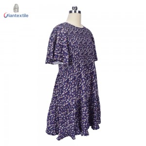 Support Custom Purple Small Calico Long-Sleeve Floral Print 100% Viscose Women Print Dress With O-neck JC534-2