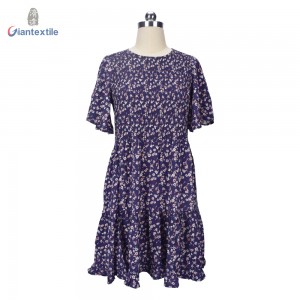 Support Custom Purple Small Calico Long-Sleeve Floral Print 100% Viscose Women Print Dress With O-neck JC534-2