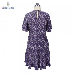 Support Custom Purple Small Calico Long-Sleeve Floral Print 100% Viscose Women Print Dress With O-neck JC534-2