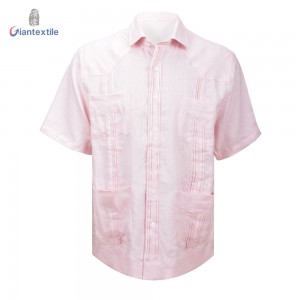 Men’s Guayabera Shirt Mexican Cuban Shirt Pink Solid 100% Linen Short Sleeve Shirt For Men Pink solid SS