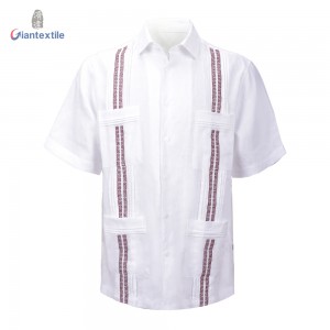 Men’s Cuban Guayabera Shirt Short Sleeve Shirt White Solid Red Embroidery Shirt For Men red embroidery SS