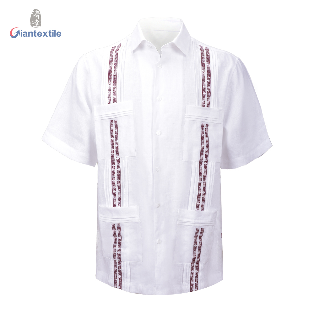 Men’s Cuban Guayabera Shirt Short Sleeve Shirt White Solid Red Embroidery Shirt For Men red embroidery SS Featured Image