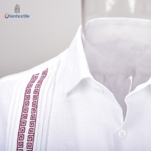 Men’s Cuban Guayabera Shirt Short Sleeve Shirt White Solid Red Embroidery Shirt For Men red embroidery SS