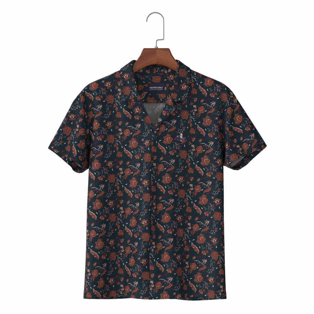 Dark Red Print Muscle Fit Hawaiian Short-Sleeved Men’s Shirt with 100% BCI Cotton Aloha Shirt BPFW204005