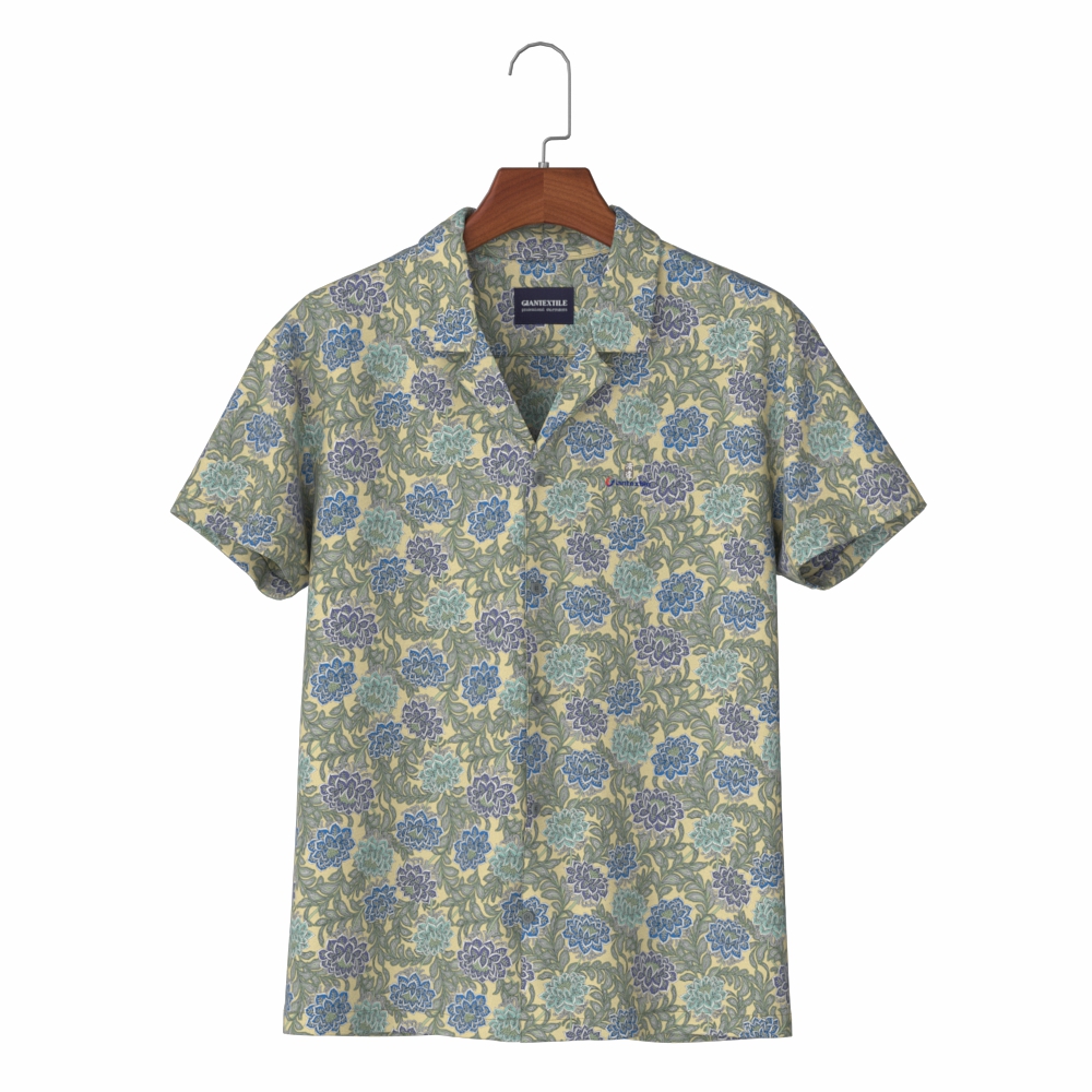 Bright Soft Men’s Shirt Pure Viscose with Green Flowers and Plants Print Pattern Aloha Shirt GT20210709-02