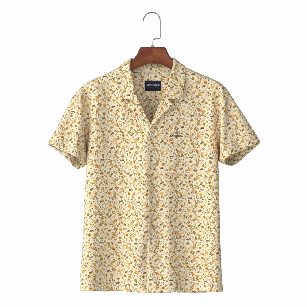 No MOQ Viscose Yellow Floral Print Men’s Hawaiian Collar Business Leisure Aloha Shirt Camisa GT20210709-09