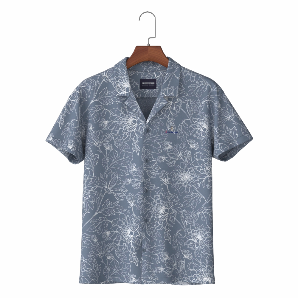 Smoky Gray Flower Print Slim Fit Hawaiian Men’s Shirt with Pure Cotton Aloha Shirt GTCW107636