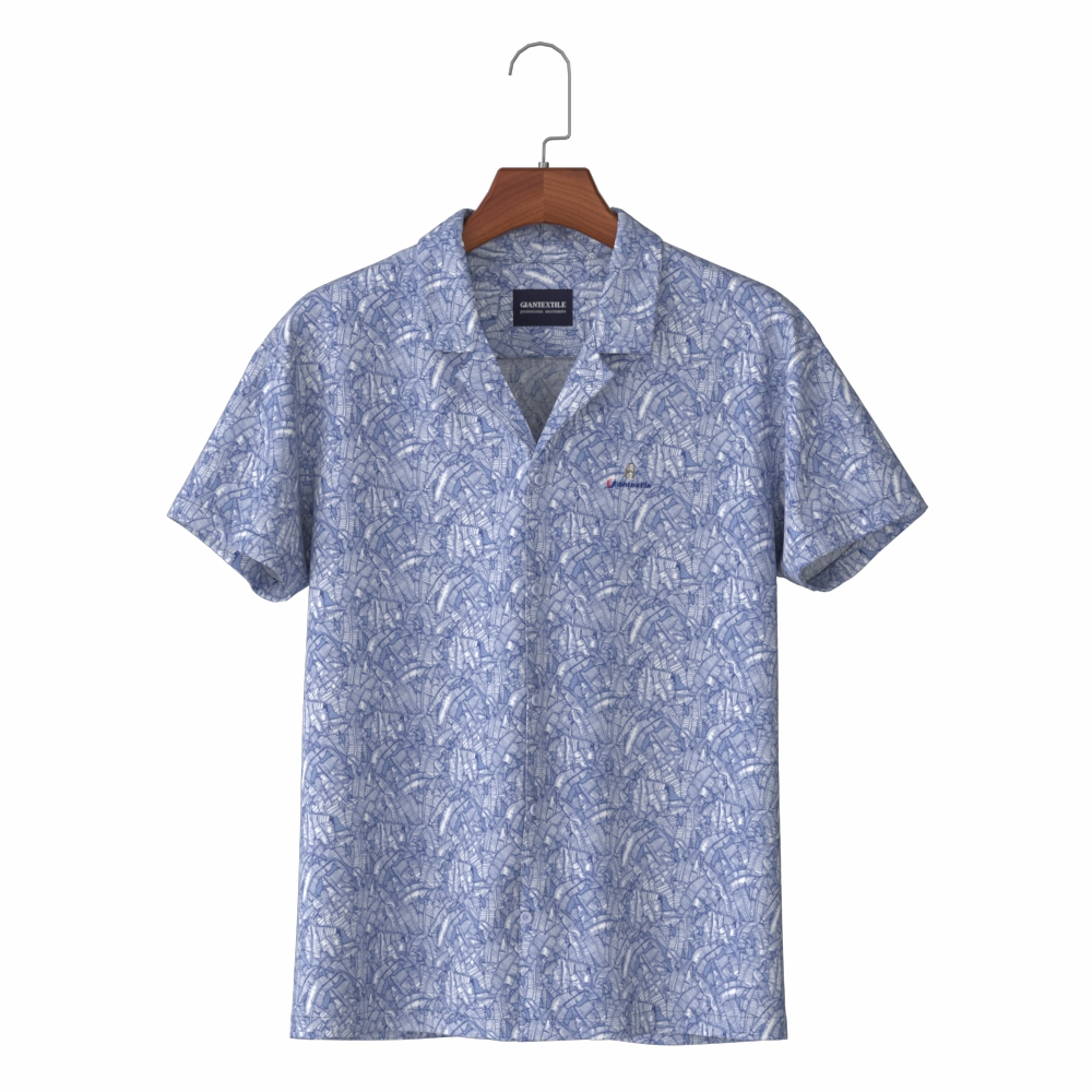 Blue Palm Print Relaxed Fit Hawaii Men’s Shirt with Light Cotton Summer Holiday Aloha Shirt 	GTCW107663