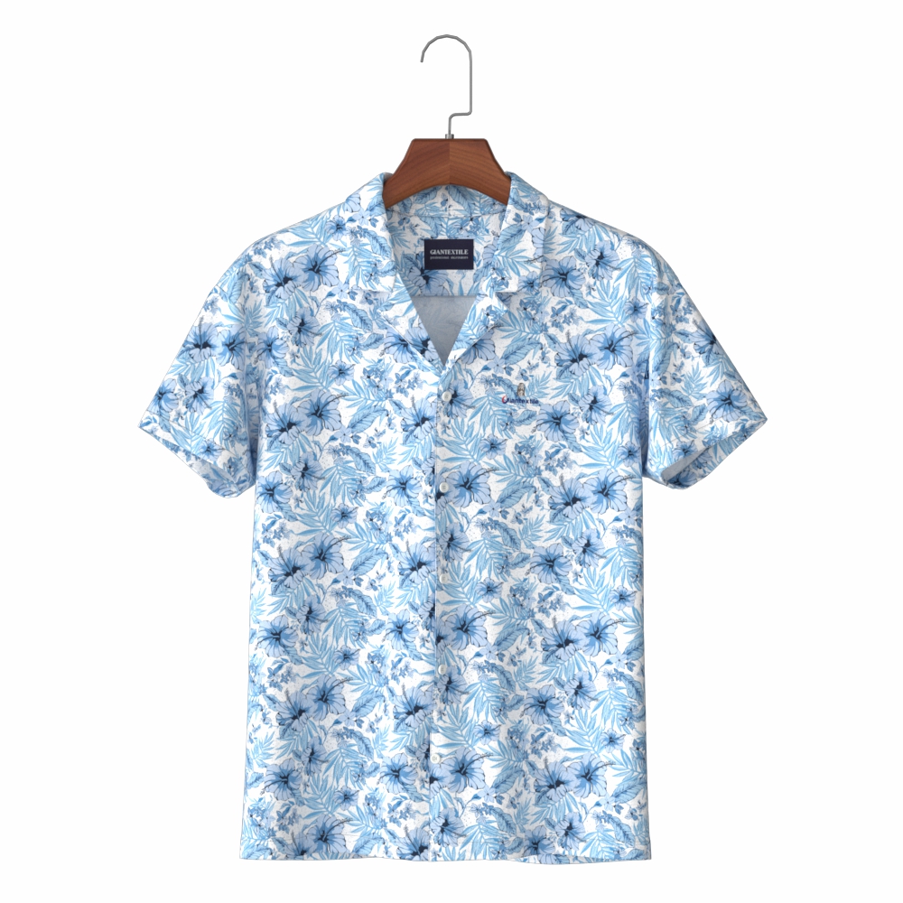Cleaner Look Light Blue Tropical Leaves Print Hawaiian Men Clothing with Pure Cotton Aloha Shirt GTF000002
