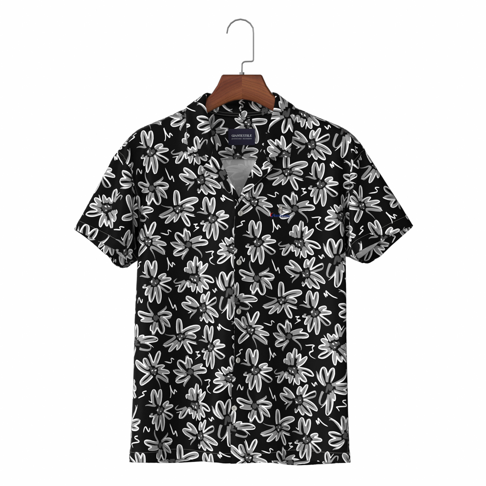 Black Print 100% Cotton Hawaiian Collar Men’s Sports Shirt with Aloha Shirt Camisa de camisa GTF000004
