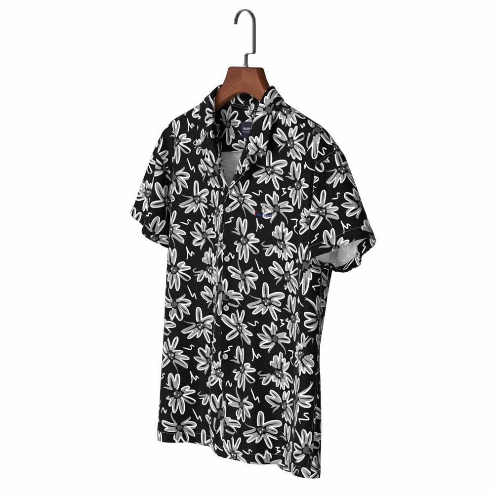 Black Print 100% Cotton Hawaiian Collar Men’s Sports Shirt with Aloha ...