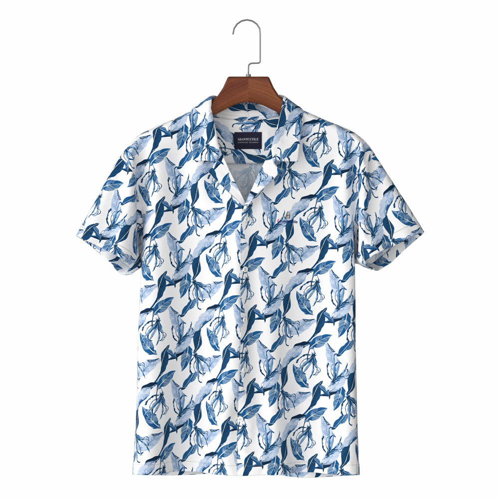Clear Look Light Blue Tropical Leaves Print Hawaiian Men Shirts with Full Cotton Aloha Shirt GTF000006