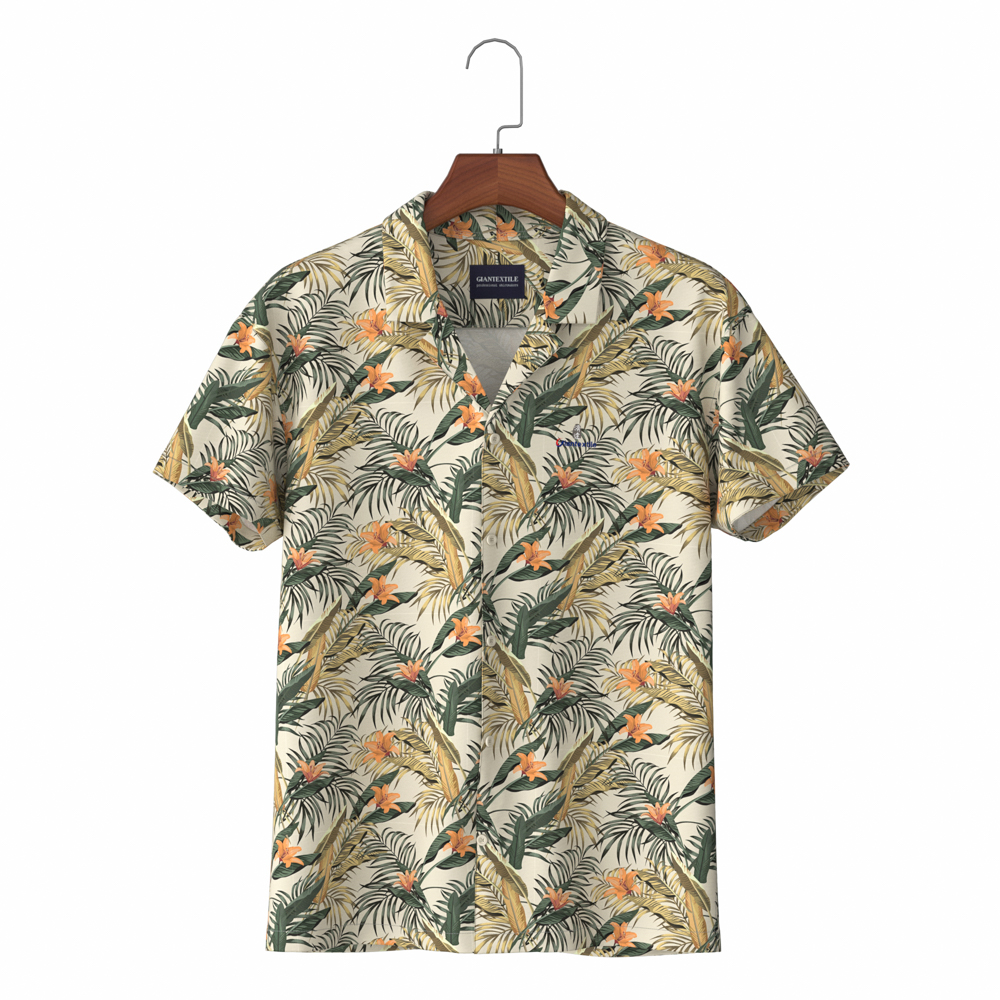 Yellow Print Slim Fit Hawaiian Men’s Shirt with Pure Coton Aloha Shirt Herrenhemd Beach Wear GTF000007