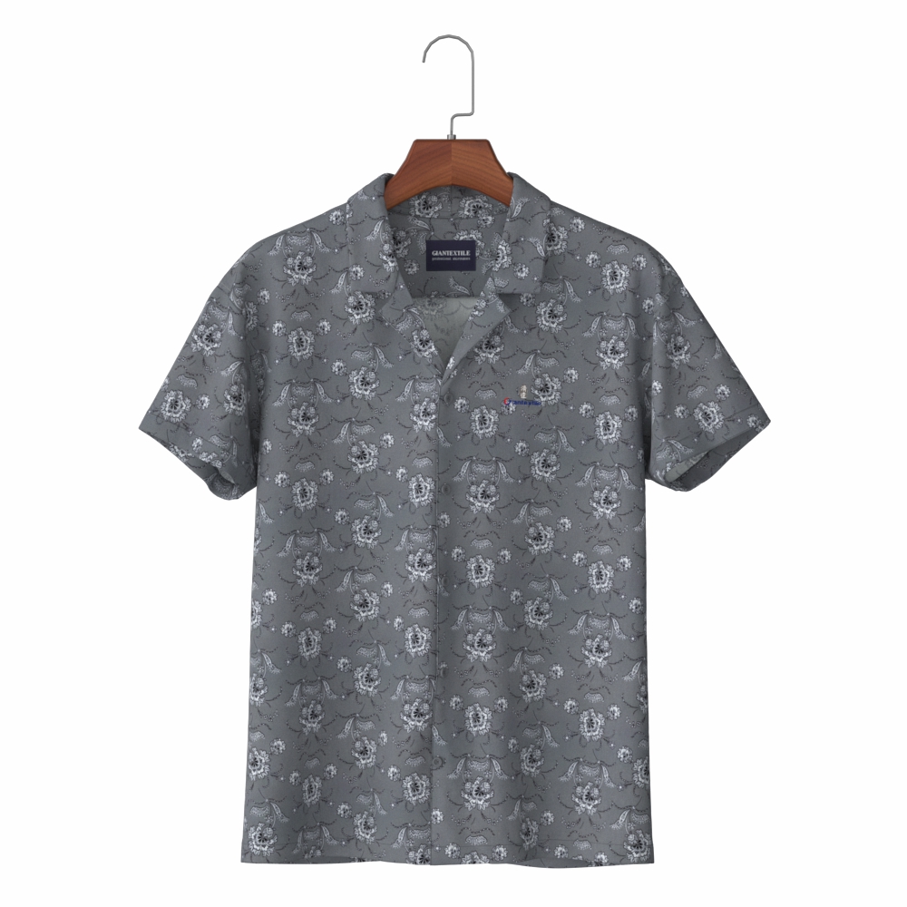 Loose Fit Smoky Grey Flower Print Cotton Rayon Blended Single Breasted Streetwear Aloha Shirt GTF120001