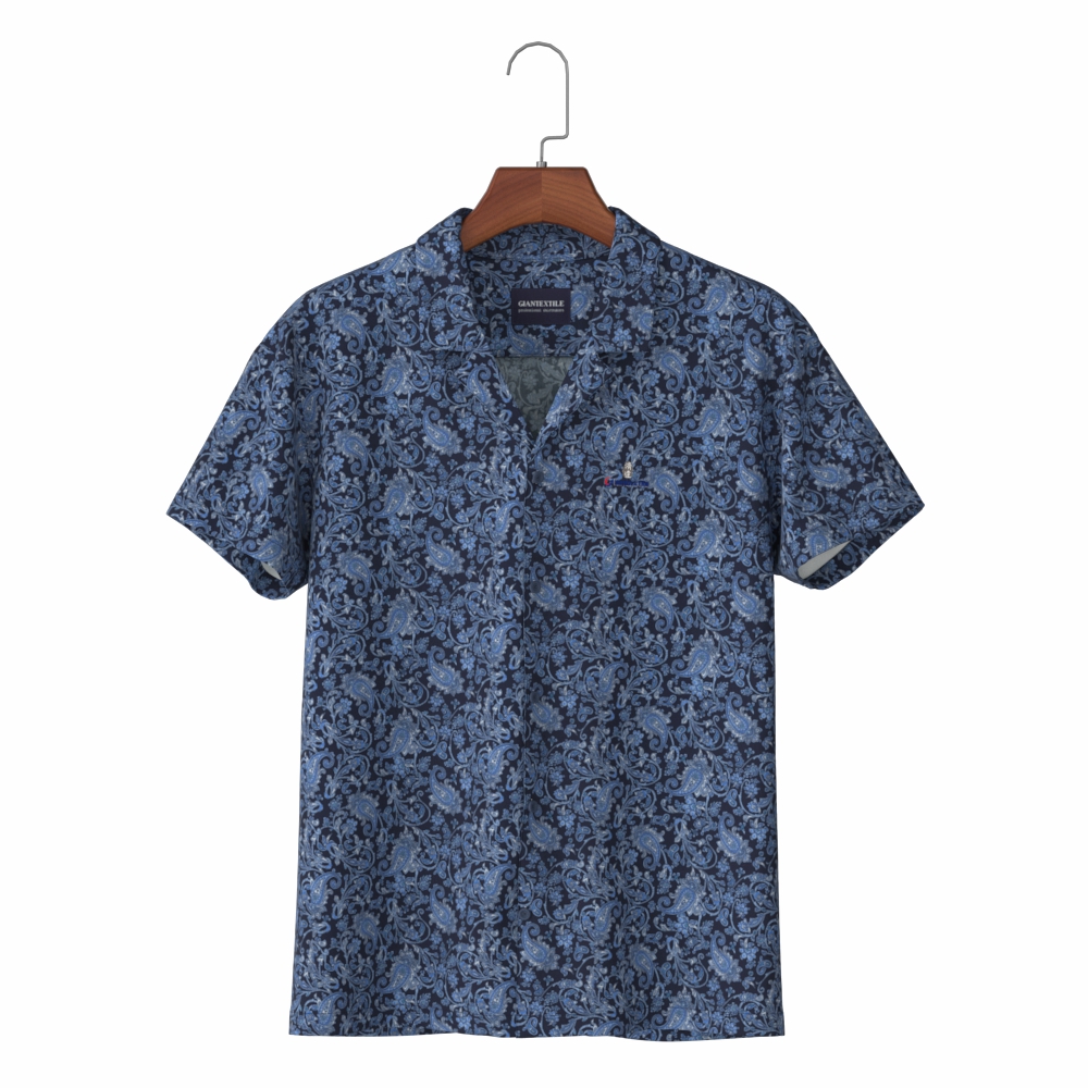 Blue Big Paisley Print in Cotton Rayon Blended Men’s Shirt with Dyed to Match Button Aloha Shirt GTF120003
