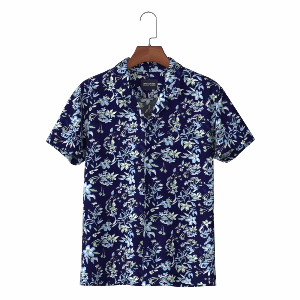 Good Hand Feel Customized Dark Navy Floral Print Hawaiian Shirt in 100% Viscose Beach Shirts GTF290005
