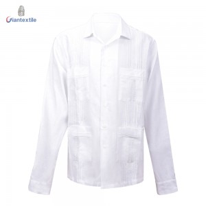 Men’s Guayabera Shirt Mexican White Solid Cuban Shirt Long Sleeve Casual Shirt For Men White embroidery LS