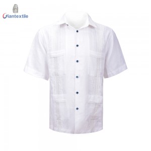 Quality Assurance Men’s Short Sleeve Cuban Guayabera Shirt White Solid Blue Button Shirt For Men blue button SS