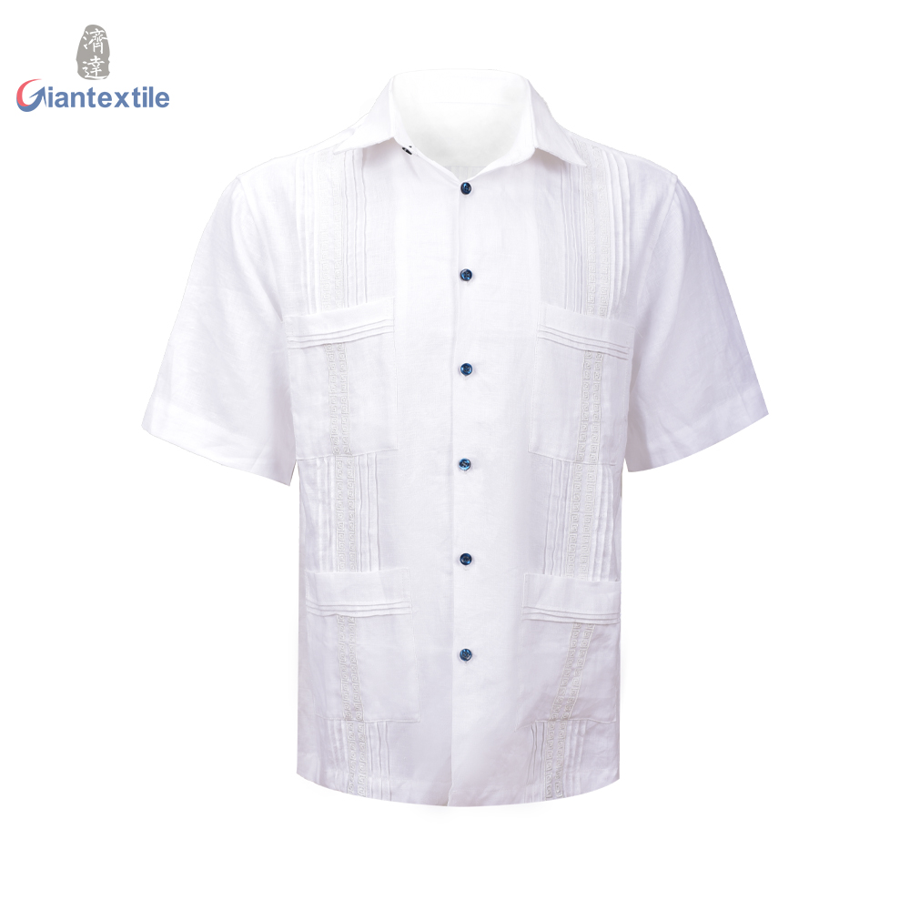 Quality Assurance Men’s Short Sleeve Cuban Guayabera Shirt White Solid Blue Button Shirt For Men blue button SS Featured Image