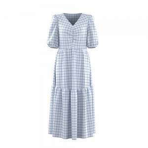 Hot sale Women Cotton Crepe Elegant Short Sleeve Casual Check Yarn Dyed Long Dress GT20210802-1