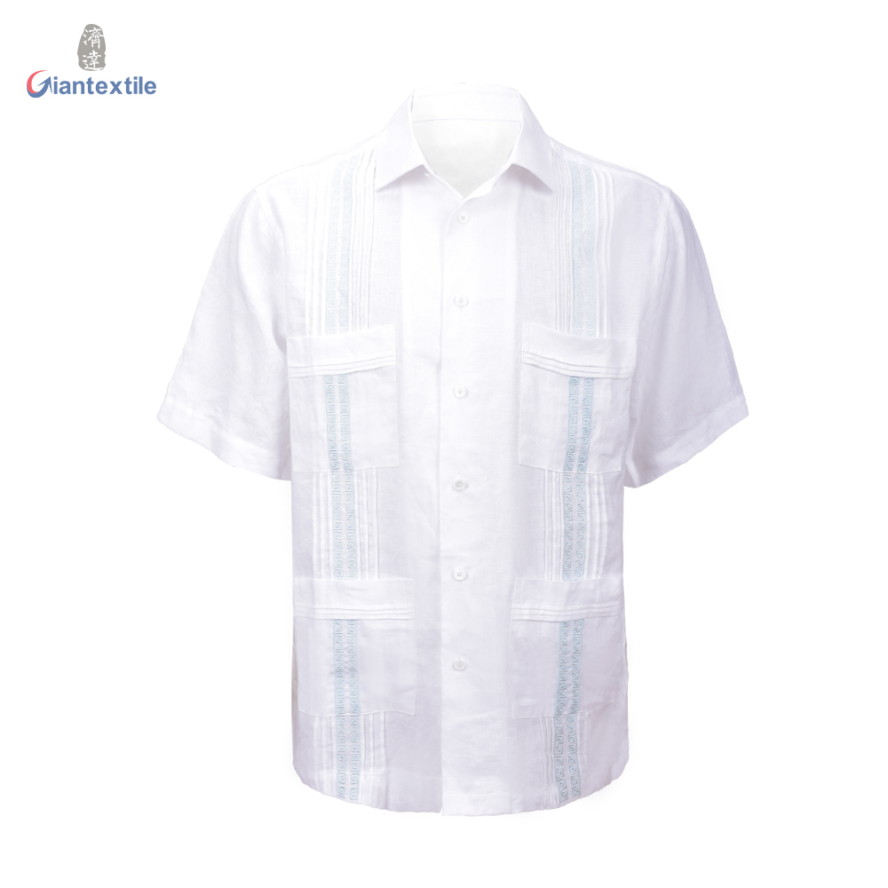 Men’s Cuban Guayabera Shirt Short Sleeve Shirt White Solid Green Embroidery Shirt For Men  green embroidery SS Featured Image